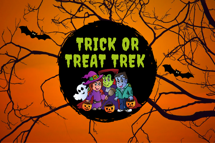 Trick or Treat Trek Logo kids in Halloween costumes holding treat buckets