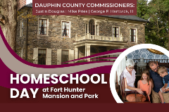 Picture of the mansion and a family with a teacher looking at historical items