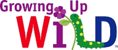 the words Growing Up Wild with a caterpillar climbing a purple flower in the shape of an L in wild